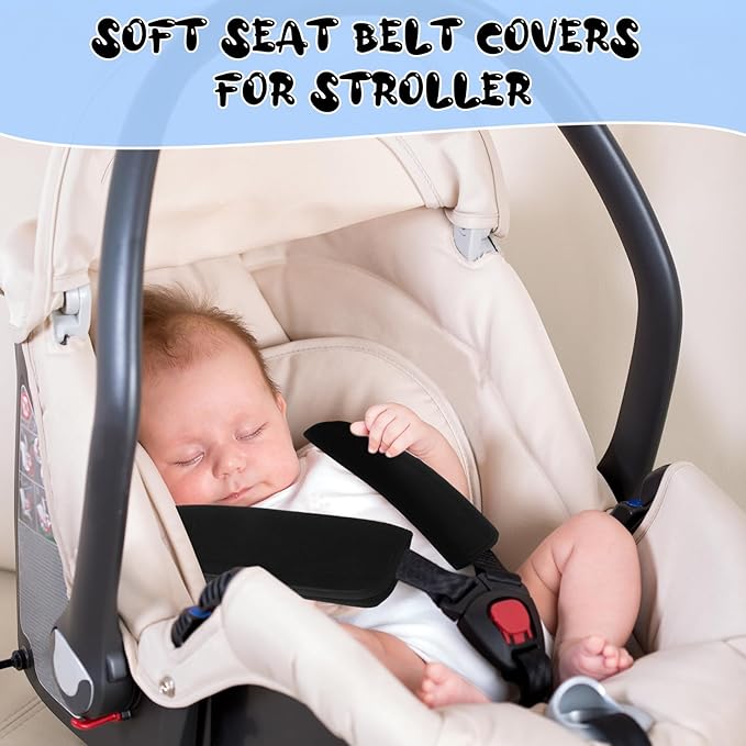 Riakrum 4 Pcs Baby Car Seat Belt Covers Soft Car Seat Straps Shoulder Pads for Kid Infant Stroller Strap Covers Safety Belt Cushion Pads for Boy and Girl(Black,10.63 x 4.33 Inch)