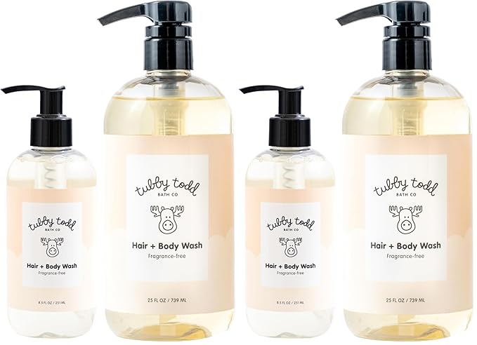 Tubby Todd Hair + Body Wash - Baby Shampoo and Body Wash - Gentle, Natural Baby Was for Newborns, Babies, and Toddlers - Non-Toxic and Hypoallergenic - Fragrance-Free, 4 Pack, 8.5oz & 25oz