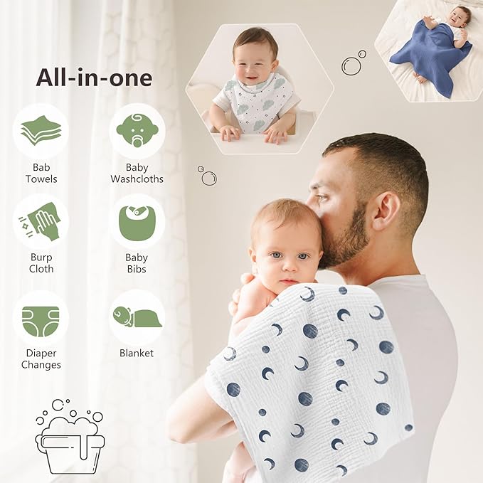 Susurration Muslin Burp Cloths 24x24 Inches Ultra Soft 100% Cotton, 4 or 7 Pack Baby Washcloths for Newborn, Absorbent Burp Rags & Swaddle Blankets