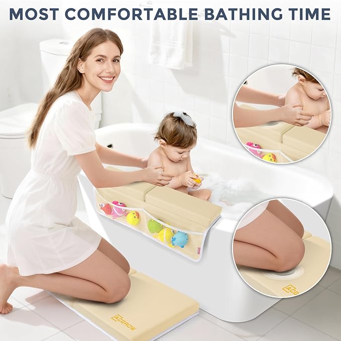 Bath Kneeler and Elbow Rest Pad Set - Comfortable 1.5” Thick Baby Bath Kneeler Pads with Toys Organizer, Non-Slip Knee Arm Support Bathtub Mat, Quick-Drying Kneeling Pad for Baby Bath Time