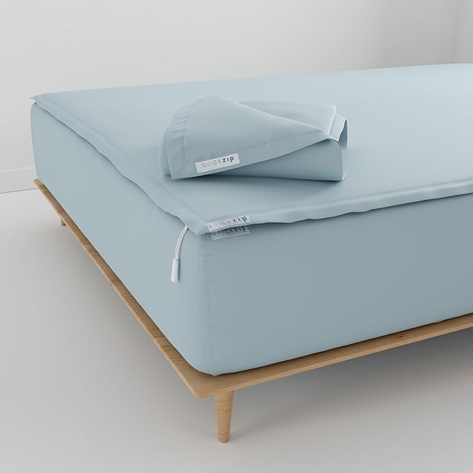 QuickZip Fitted Plus Spare Bundle: 1 Fitted Sheet (Base + Zip Sheet) & 1 Zip Sheet - Easy to Change, Won’t Pop Off - Soft Sateen 400 TC 100% Cotton - 15” Deep Pockets Twin Size Sheets – Dusty Blue