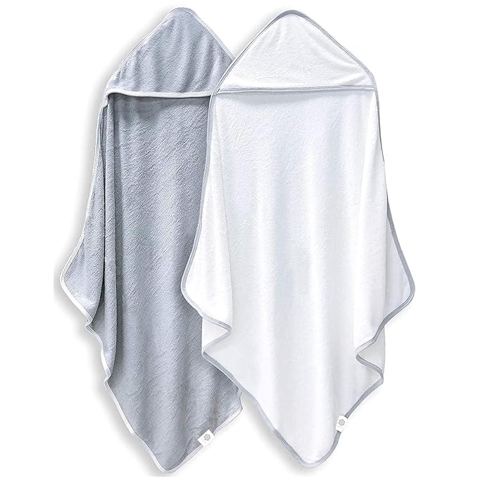 2 Pack Baby Bath Towel - Rayon Made from Bamboo - Ultra Soft Hooded Towels for Babies,Toddler,Infant - Newborn Essential -Perfect Baby Registry Gifts, 37.5x37.5 in - Grey and White