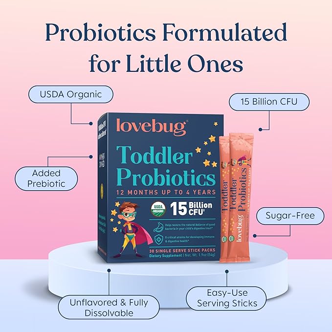 Lovebug Kids Probiotic Powder with Prebiotic Fiber - Toddler Immunity Support & Constipation Relief - USDA Organic Probiotics for Childrens Gut & Digestive Health (Ages 1-4) - 30 Pack (Unflavoured)