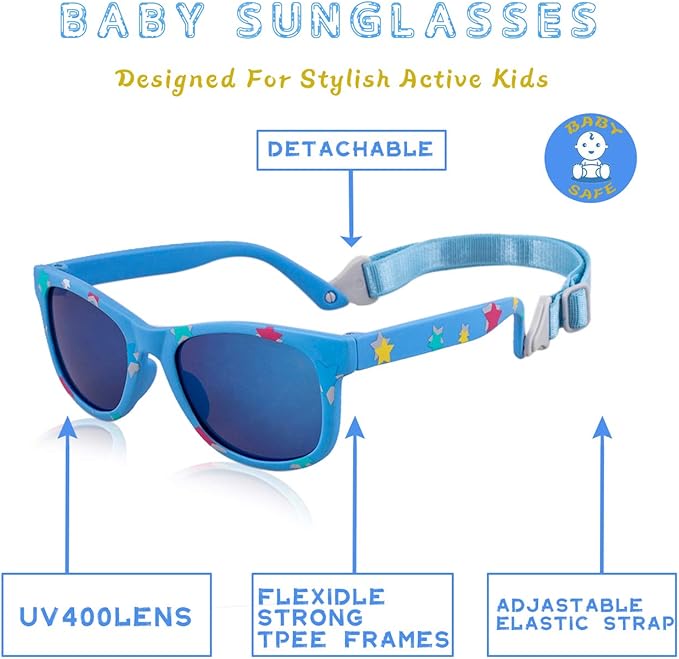 MAXJULI Baby Infant Sunglasses Safe, Soft, With Adjustable Strap 0-24 Months BPA Free 7002