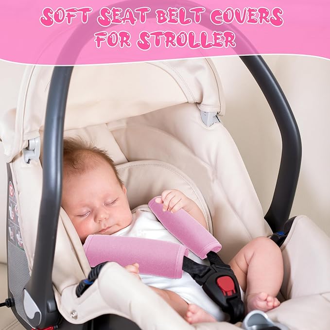 Riakrum 4 Pcs Baby Car Seat Belt Covers Soft Car Seat Straps Shoulder Pads for Kid Infant Stroller Strap Covers Safety Belt Cushion Pads for Boy and Girl(Pink,5.7 x 2.6 Inch)