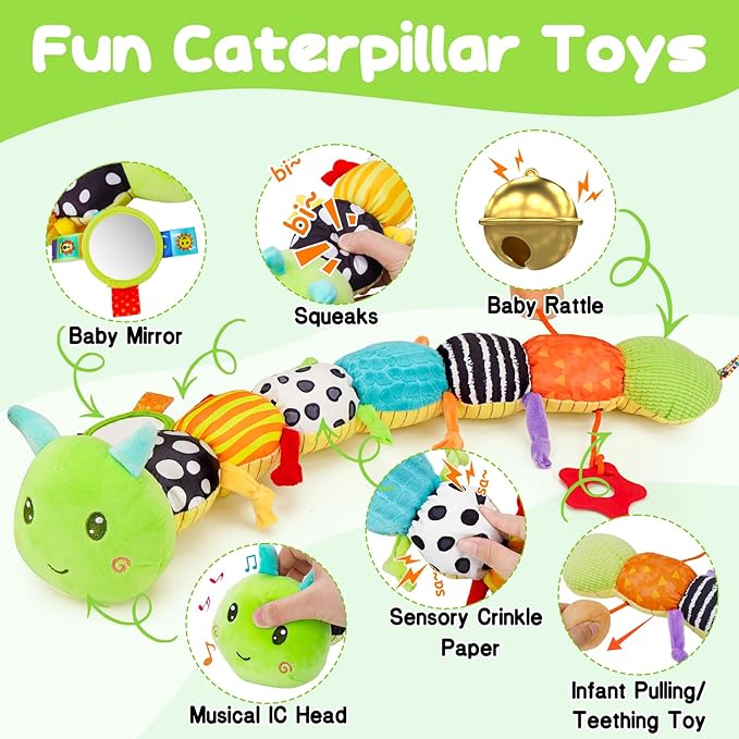 Baby Sensory Toy 0-6 Month Music Animal Stuffed Plush Caterpillar Toy for Infant 0-3-6-12 Month Old Tummy Time with Mirror Crinkle Rattle Toys for Newborn Boys Girl Shower Gifts Easter Basket Stuffer