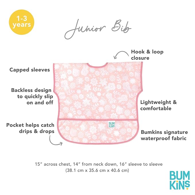 Bumkins Short Sleeve Bib for Girl or Boy, Toddler and Kids for 1-3 Years, Large Size, Essential Must Have for Junior Children, Eating, Mess Saving Soft Fabric Apron for Play, Lace Pink
