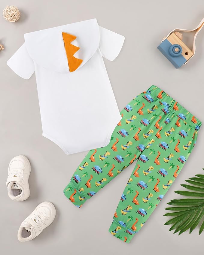 Newborn Boy Summer Outfits Animal Print Short Sleeve Romper with Hoodie & Pants Infant Clothing Set