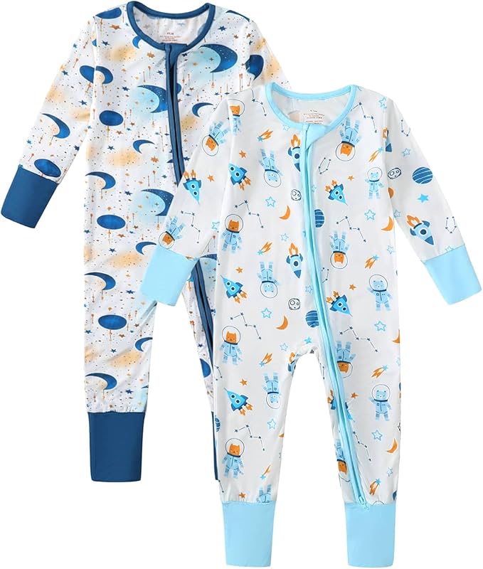 OPAWO Viscose from Bamboo Baby Pajamas Girl 2pack Mittens Cuff 2 Way Zipper Soft Footless Sleeper Baby Boy One-Piece Romper