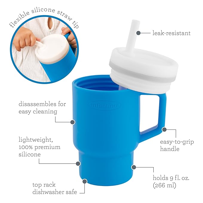 Infantino My 1st Tumbler, Silicone Sippy Cup with Straw & Handle, Spill-Resistant Baby Cup for On-the-Go, BPA-Free Transition Bottle, Ocean