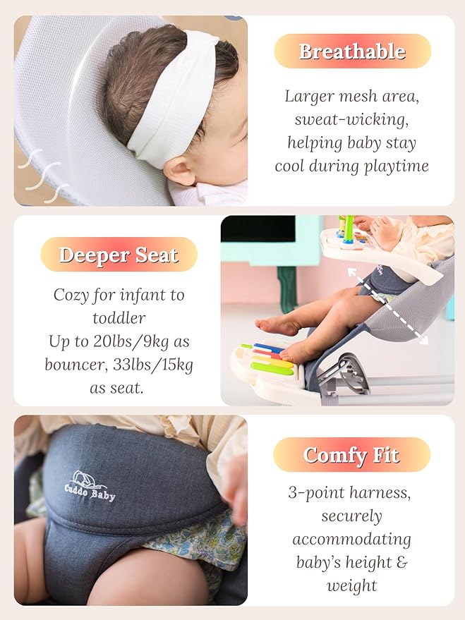 CuddoBaby Baby Bouncer 4-in-1 on Wheels |Detachable Pianos, Feeding Tray| 3-Level Recline Foldable Seat with Play Bar for Infant to Toddler 0-6, 0-12, 12-24 Months, Girl Gift Idea - Pink