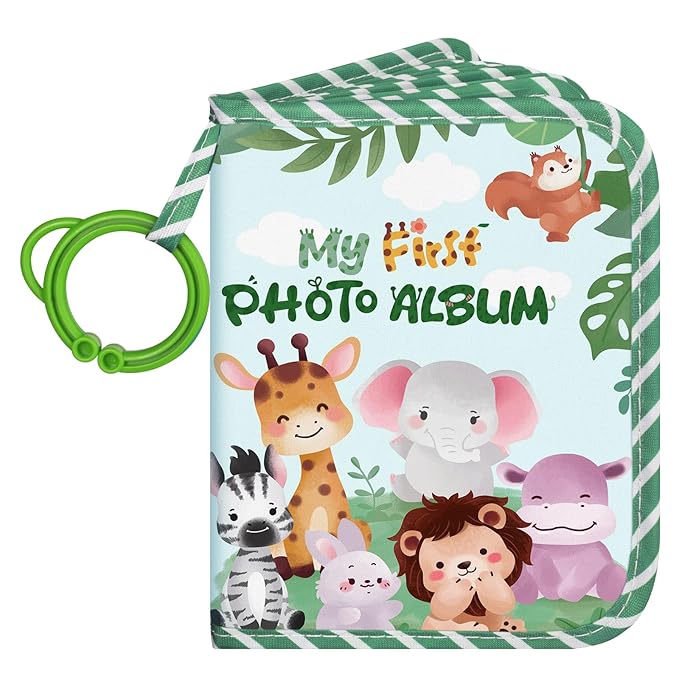 Lanpn My First Soft Cloth Family Photo Book Holds 17 4x6 Pictures, Baby Photo Album with Name Card Name Tag Stickers, Fabric Kid Memory Keepsake Gift for Baby Shower Newborn Toddler Boy Girl (Animal)