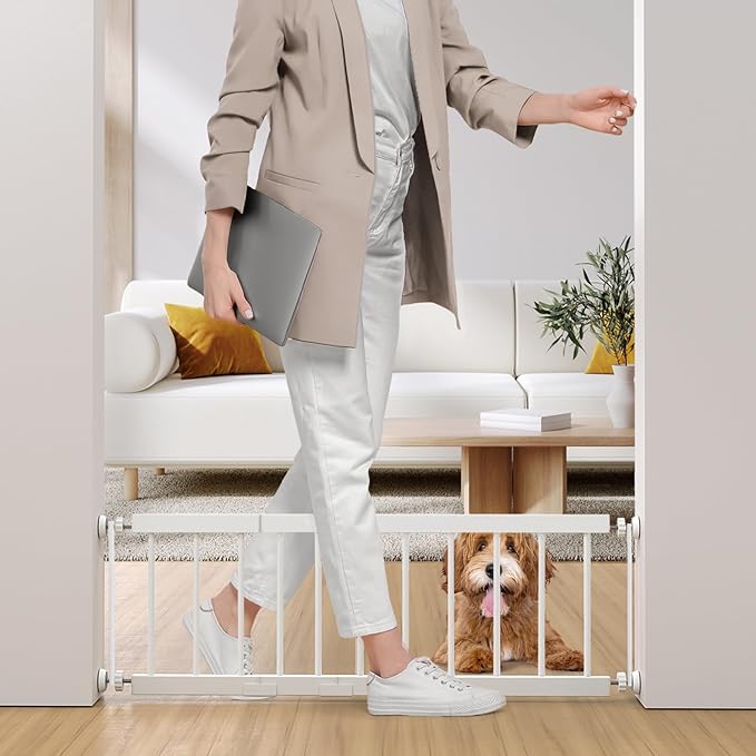 Dog Gate Indoor,18"-45" Extra Wide Metal Short Dog Gate to Step Over, 14" Tall Small Pet Gate with 3 Extension Kits, Pressure Mounted for Doorways & Stairs
