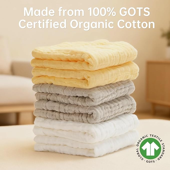 Organic Muslin Baby Washcloths 6 Pack Baby Bath Face Towel 12x12 Inch Extra Absorbent and Soft Burp Cloth and Wash Cloths for Newborn-Infants On Sensitive Skin (White Brown Yellow)