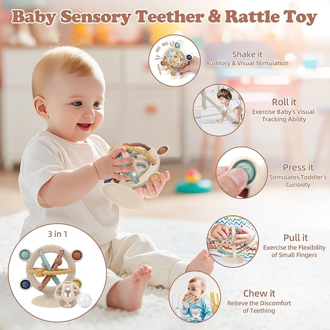 TYRY.HU Silicone Baby Teething Toys for Babies 0-6 6-12 Months, Multi Purpose High Chair Toys, Baby Suction Table Toys, Montessori Sensory Toys with Rattle for Teething Relief, Gift for Infant, Khaki