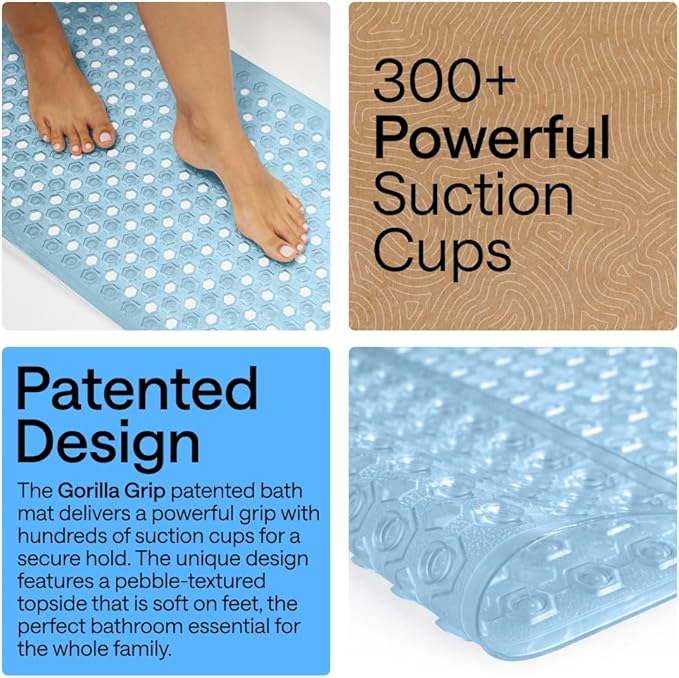 GORILLA GRIP Patented Bath Tub Shower Mat, Machine Washable Bathtub Floor Liner Mats, Suction Cups and Drain Holes to Keep Tubs Clean, Soft on Feet, Bathroom Essentials, 35x16 Inch, Clear Blue