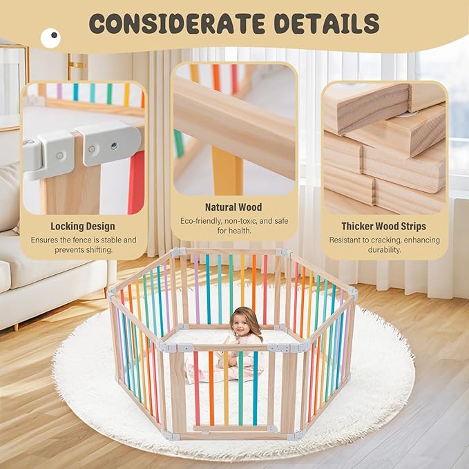Baby Wooden Playpen, Foldable Shape & Size Adjustable Playpen for Toddler and Babies, Wood Baby Play Yard with Locking Gate, Large Pack and Play for Play Area Indoor(Multicolor, 6 Panel)