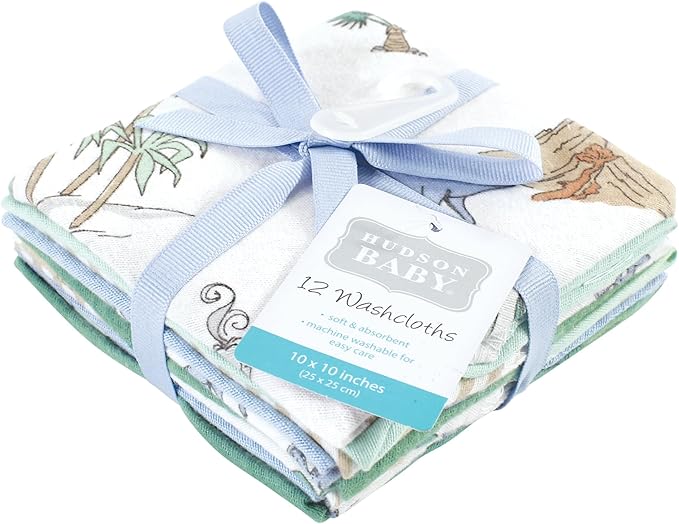 Hudson Baby Unisex Baby Flannel Washcloths, Boy Dino World 12Pk, One Size