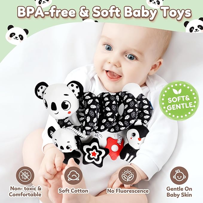 Baby Carseat Toy Black & White Rattle Spiral Hanging Activity Stroller Toy for Newborns Boys and Girls - Koala