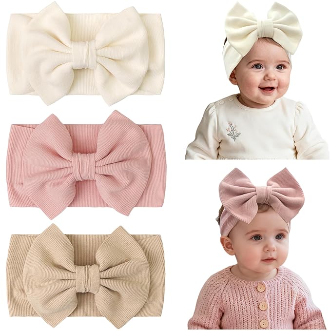 JOYOYO 3 Pcs Soft Wide-Knit Baby Headbands with Large Bow Hair Accessories for Newborn, Infant, Toddler, Kids