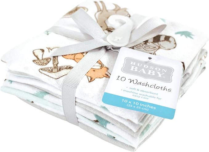 Hudson Baby Unisex Baby Flannel Washcloths, Neutral Woodland Pals 10Pk, One Size