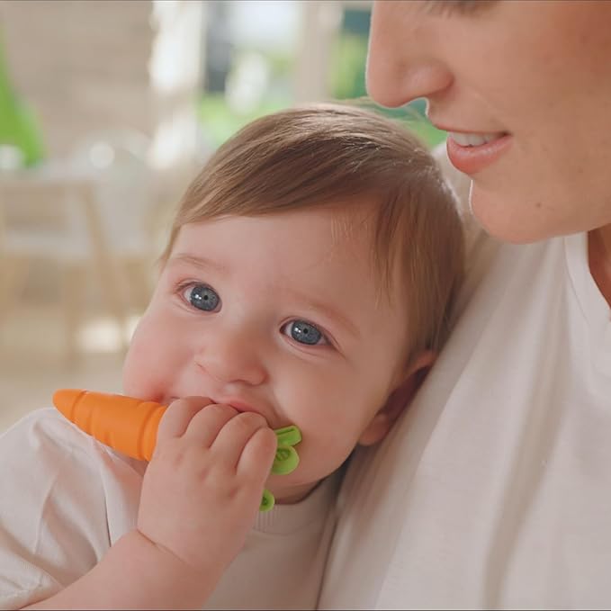 Nuby Carrot Infant Teether - Baby Teething Toy - Massaging Bristles for Sore Gums - 3+ Months