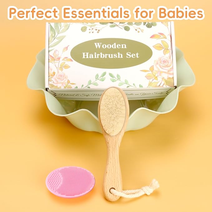 Baby Hair Brush, Wooden Goat Bristles Hair Brush with Silicone Hair Scrubber Cradle Cap Brush for Newborn, Toddler, Boys, Girls Perfect Scalp Grooming Product (Pink)