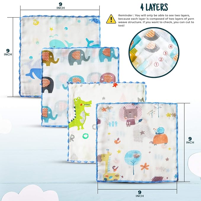 Omilion Muslin Baby Washcloths Set(12-Pack), Natural Cotton Infant Bath Towel, Soft Toddler Face Towel Gift Registry Newborn Baby Shower,9x9 Inches, Animal World (Square)