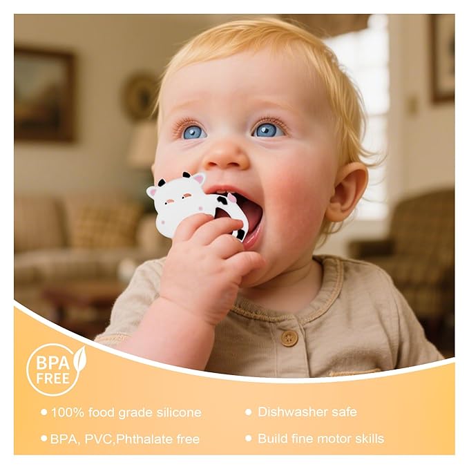 Silicone Baby Teether Ring for 3–12 Months, BPA-Free Soft Teething Toy, Easy-Grip Cow Infant Teether for Boys and Girls (White)
