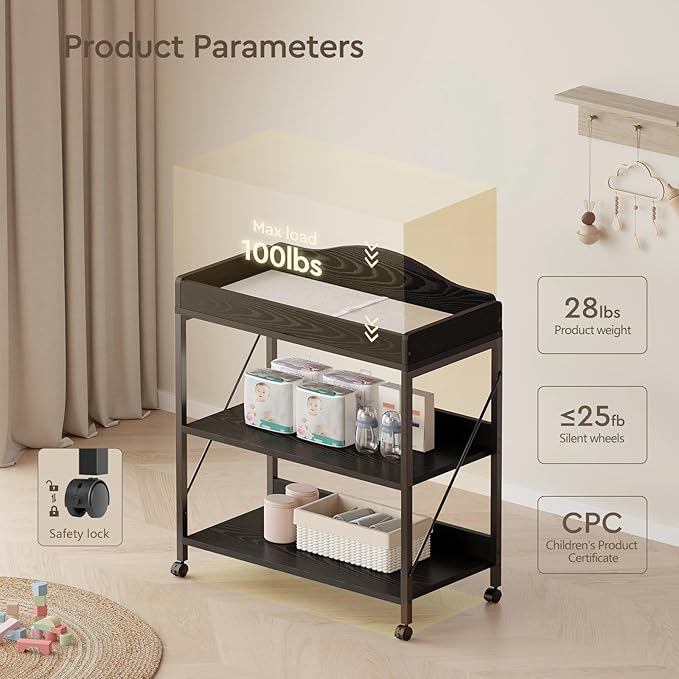 Baby Changing Table, Diaper Changing Station with Pad and Wheels, Two-Tier Open Storage Shelves, Waterproof Diaper pad & Safety Strap,Compact Baby Furniture for Nursery, Black