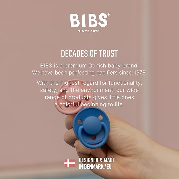 BIBS Pacifiers OneSize | 2-Pack Soothers | BPA-Free Symmetrical Nipple | Made in Denmark | Blossom/Dusky Lilac De Lux Pacifier