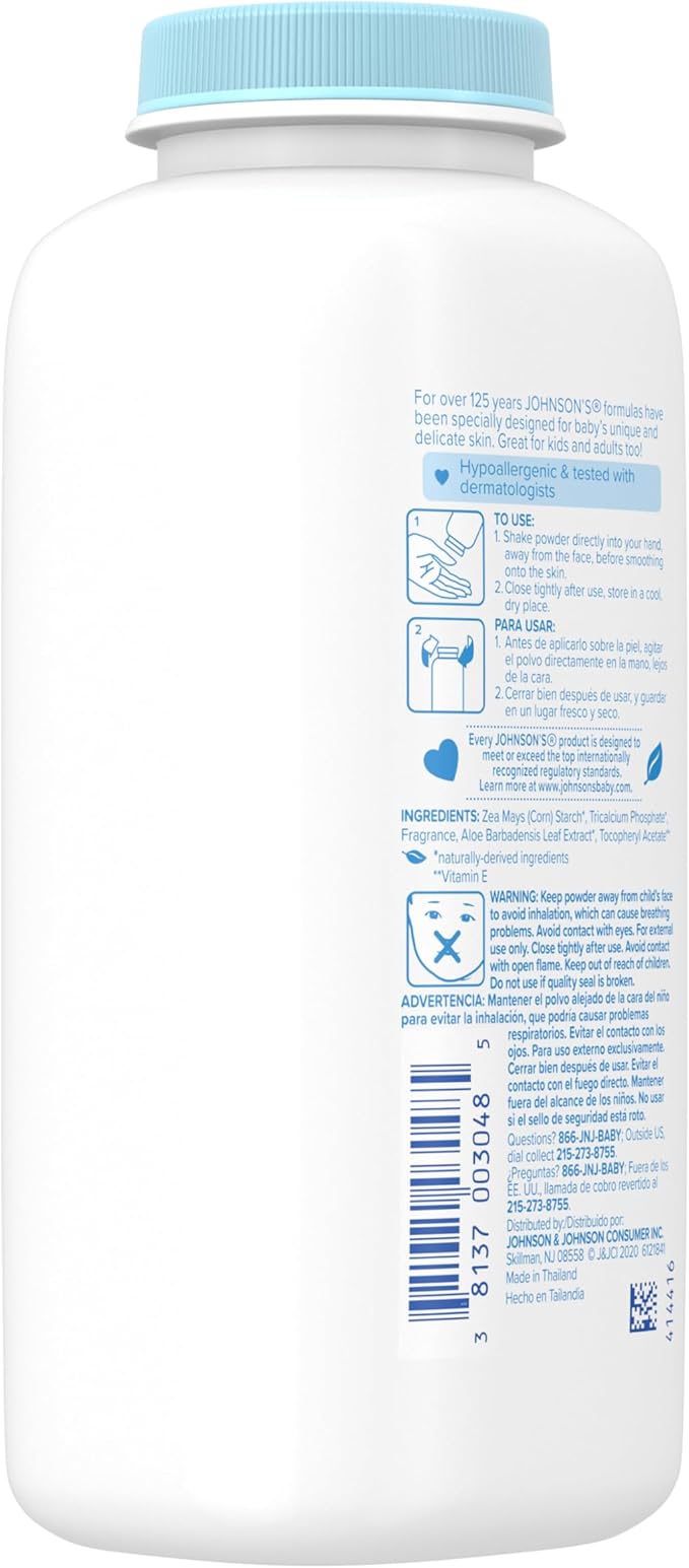 Johnson's Naturally Derived Cornstarch Baby Powder, Aloe & Vitamin E for Delicate Skin, Hypoallergenic, Free of Talc, Parabens, Phthalates & Dyes, Silky for Gentle Baby Skin Care, 9 oz
