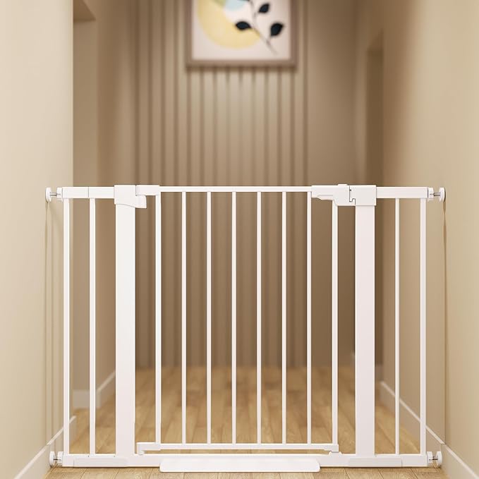 29-42 inches Metal Baby Gate for Stairs/Doorways, 30 inches Tall Pressure Mounted Pet Gates, Auto-Close Child Safety Gate, No Drilling Easy Walk-Through Dog Gate Indoor, White