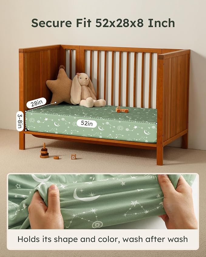 Baby Crib Sheets for Boys Girls, 28x52x8in Fitted Crib Sheet Neutral 3 Pack for Standard Crib and Toddler Mattress, Breathable Soft Microfiber Baby Sheet Green Gray Constellation