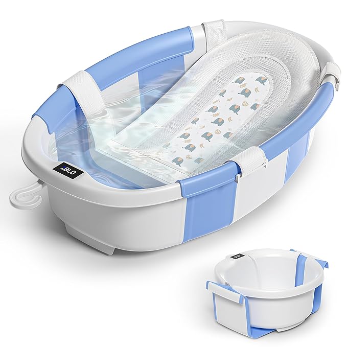 Collapsible Baby Bathtub for Newborn to Toddler 0-36 Months,Spacious Foldable Infant Bath Tub with Thermometer,Cushion & Drain Hole,Portable Travel Tub, Baby Shower Gift Blue