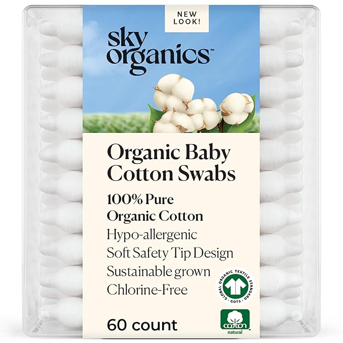 Sky Organics - Organic Baby Cotton Swabs, 60 ct. - Ultra Soft Baby Safe Tips - Strong & Durable - Hypoallergenic - Chlorine Free - Natural, Vegan & Cruelty Free - Skin Care & Baby Care