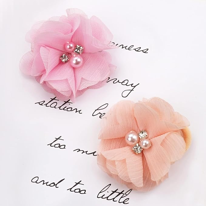 40 Pack Baby Girls Hair Accessories - 2 Inch Handmade Pearl Rhinestone Chiffon Flower Soft Elastics Ponytail Holders for Newborns to Kids