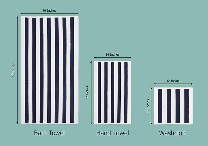 ORIGINAL KIDS 6 Piece Towel Set - Cabana Stripe - Rugby Stripe - 2 Bath Towels, 2 Hand Towels, 2 Washcloths - 100% Cotton - Soft Absorbent Quick Dry Durable Pool Shower Beach - Gift - Navy