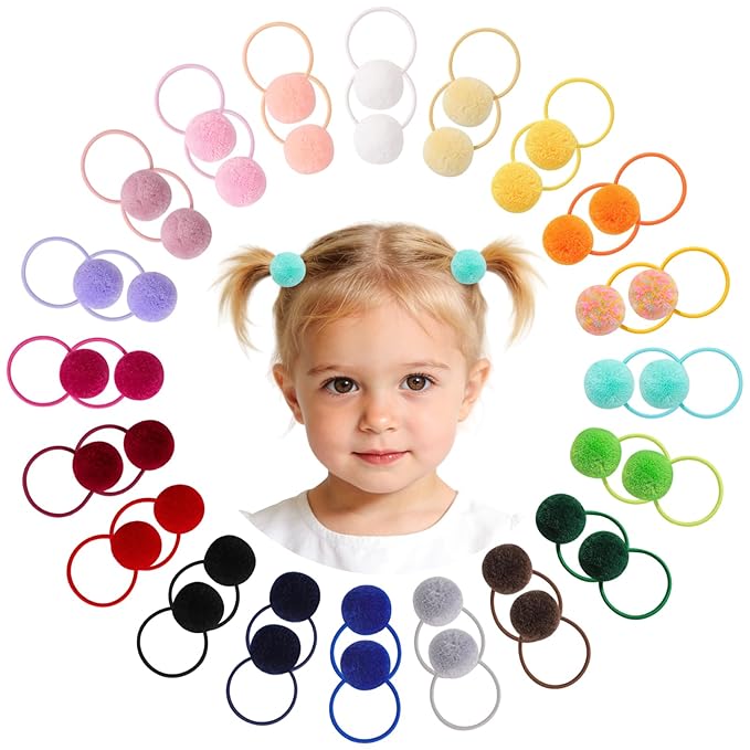 choicbaby 40pcs Baby Hair Ties Soft Fluffy Pom Pom Ponytail Holders No Damage Nylon Elastic Hair Ties Accessories for Baby Girls Toddler Kids