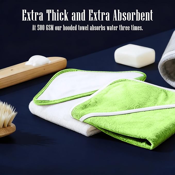 2 Pack Baby Bath Towel - Rayon Made from Bamboo, Ultra Soft Hooded Towels for Kids - X Large Size for 0-7 Yrs (White and Green, 37.5 x 37.5 Inch)