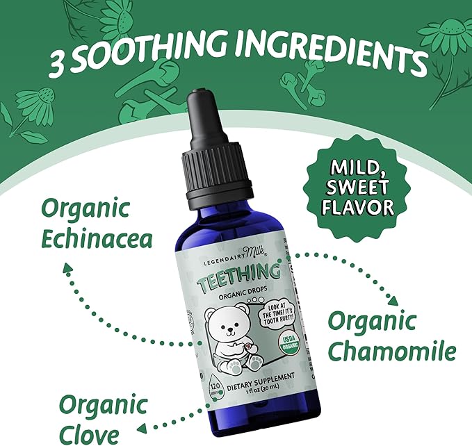 Legendairy Milk Organic Teething Drops - Baby Teething Relief Drops, Clove and Chamomile - Ideal for Babies and Toddlers - Sugar Free, 120 Servings