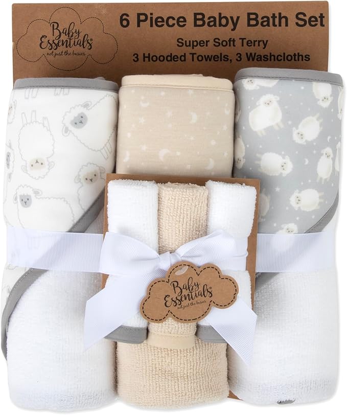 Hooded Baby Bath Towel and Washcloth 6 Piece Set for Newborns, Infants & Toddlers, Boys & Girls Baby Hooded Towels Set (Little Lambs & Moons)