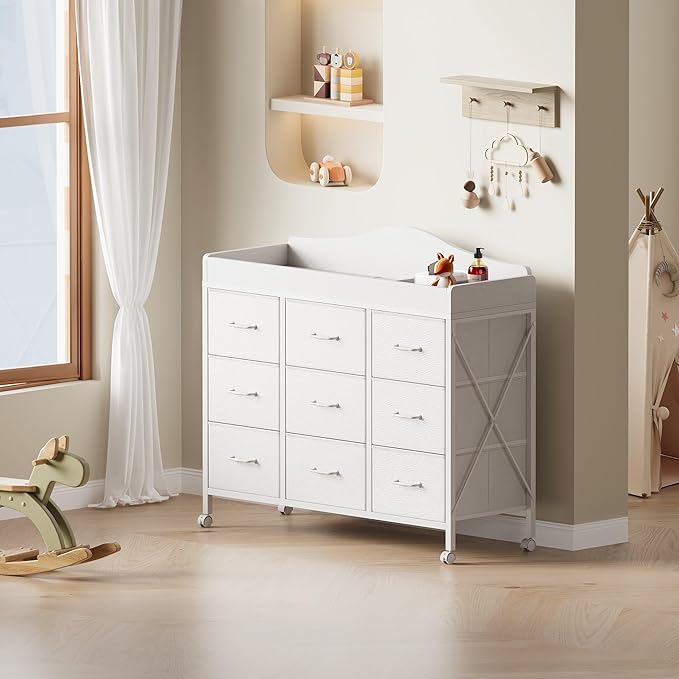 Baby Changing Table with 9 Fabric Drawers, Waterproof Diaper Changing Station & Pad, Mobile Nursery Diaper Changing Table, Baby Furniture, Bedroom, White