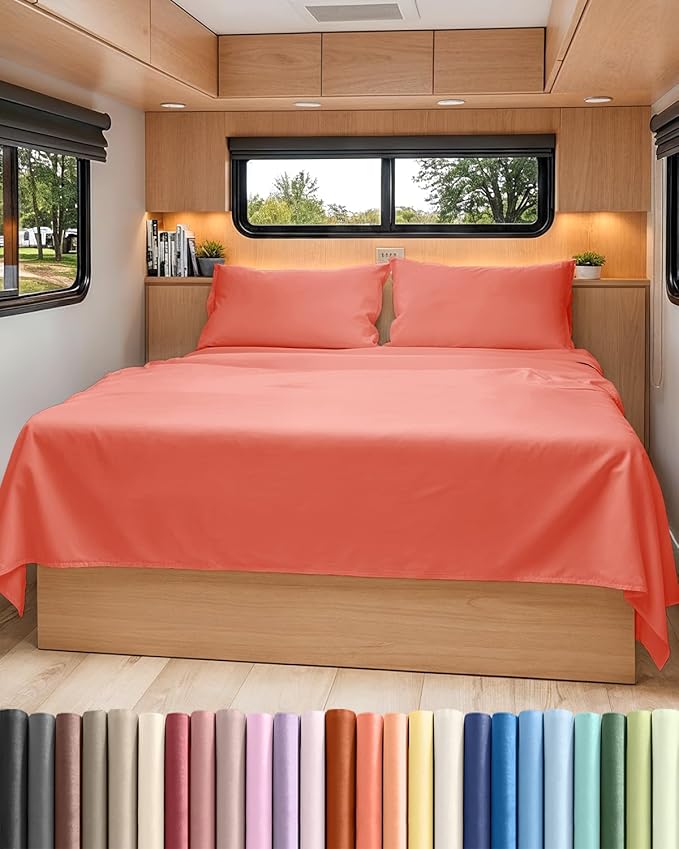 RV Short Queen Sheet Set 60 X 75 - 4 Piece RV Short Queen Bed Sheets - Soft, Breathable & Cooling - Designed for Bunks, Trailers and Campers - Fits 8” to 12" Mattress - Hotel Luxury Bedding - Coral