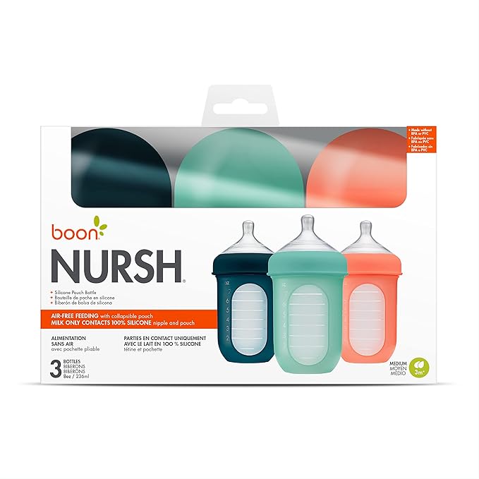 Boon Nursh Reusable Silicone Pouch Baby Bottles - Medium Flow Nipple - Silicone Baby Bottle Pouch and Nipple - Baby Feeding Essentials - Mint - 3-6 Months - 3 Count - 8 Ounce
