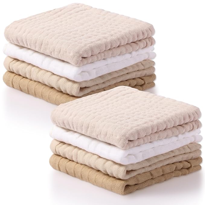 8 Pcs Baby Washcloths for Newborn 12 x 12 Inch Muslin Face Towels Cotton Absorbent for Delicate Skin Soft Muslin Cloth Reusable Baby Registry as Shower Gift, 4 Colors (Light Color)