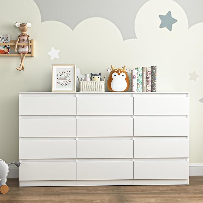 White 12 Drawer Dresser for Bedroom,Modern Long Deep Drawer Dresser,Wood Storage Chest of Drawer, Storage Organizer Drawers for Bedroom