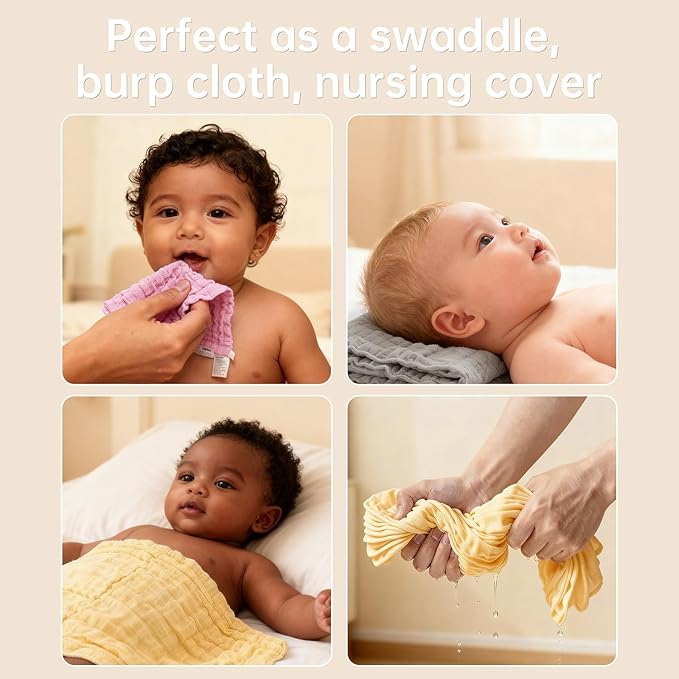 Organic Muslin Baby Washcloths 6 Pack Baby Bath Face Towel 12x12 Inch Extra Absorbent and Soft Burp Cloth and Wash Cloths for Newborn-Infants On Sensitive Skin (Yellow Pink Grey)