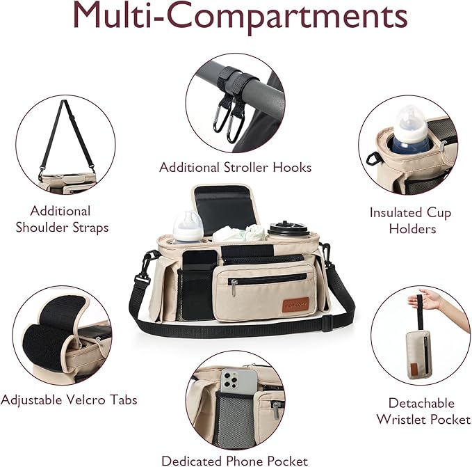 Momcozy Universal Baby Stroller Organizer, 2 Insulated Cup Holder, Detachable Zippered Pocket, Adjustable Shoulder Strap, Large capacity for baby essentials, Compact Design Fits Any Strollers