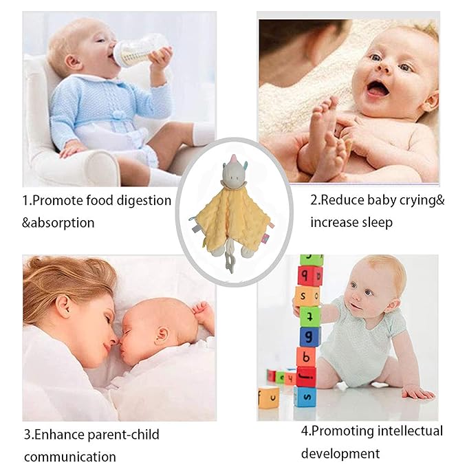 Yellow Unicorn Security Blanket with Tags Lovey Teether Toys Infant Stuffed Animal Taggy Blanket Soft Plush Minky Dot Baby Snuggle Blanket with Rattle Crinkle, Shower Gift for Newborn Infant